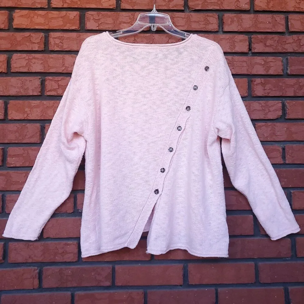 Lulu B Pink Roll Neck Sweater Womens XL 100% Cotton Asymmetrical Button Back